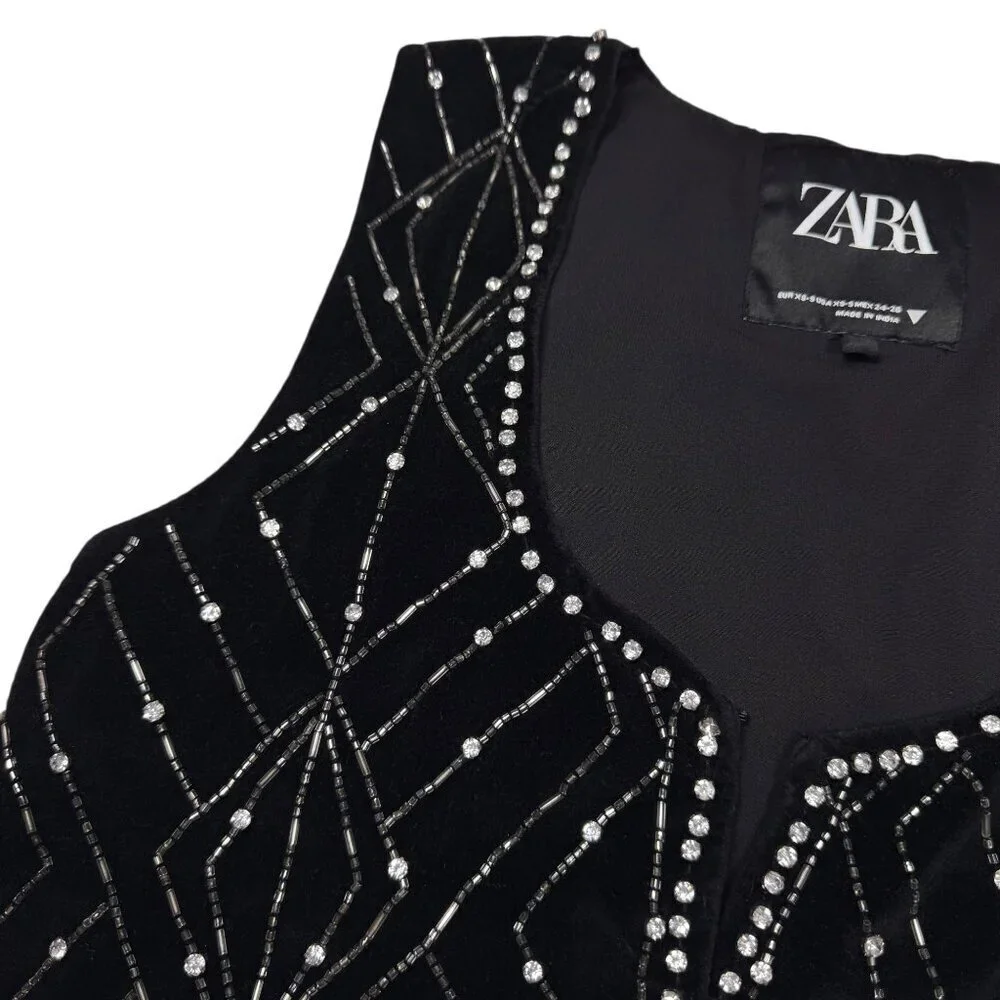 ZARA Black Velvet Waistcoat With Rhinestones Sz XS Vest Whimsigoth Boho Glam - Picture 14 of 16